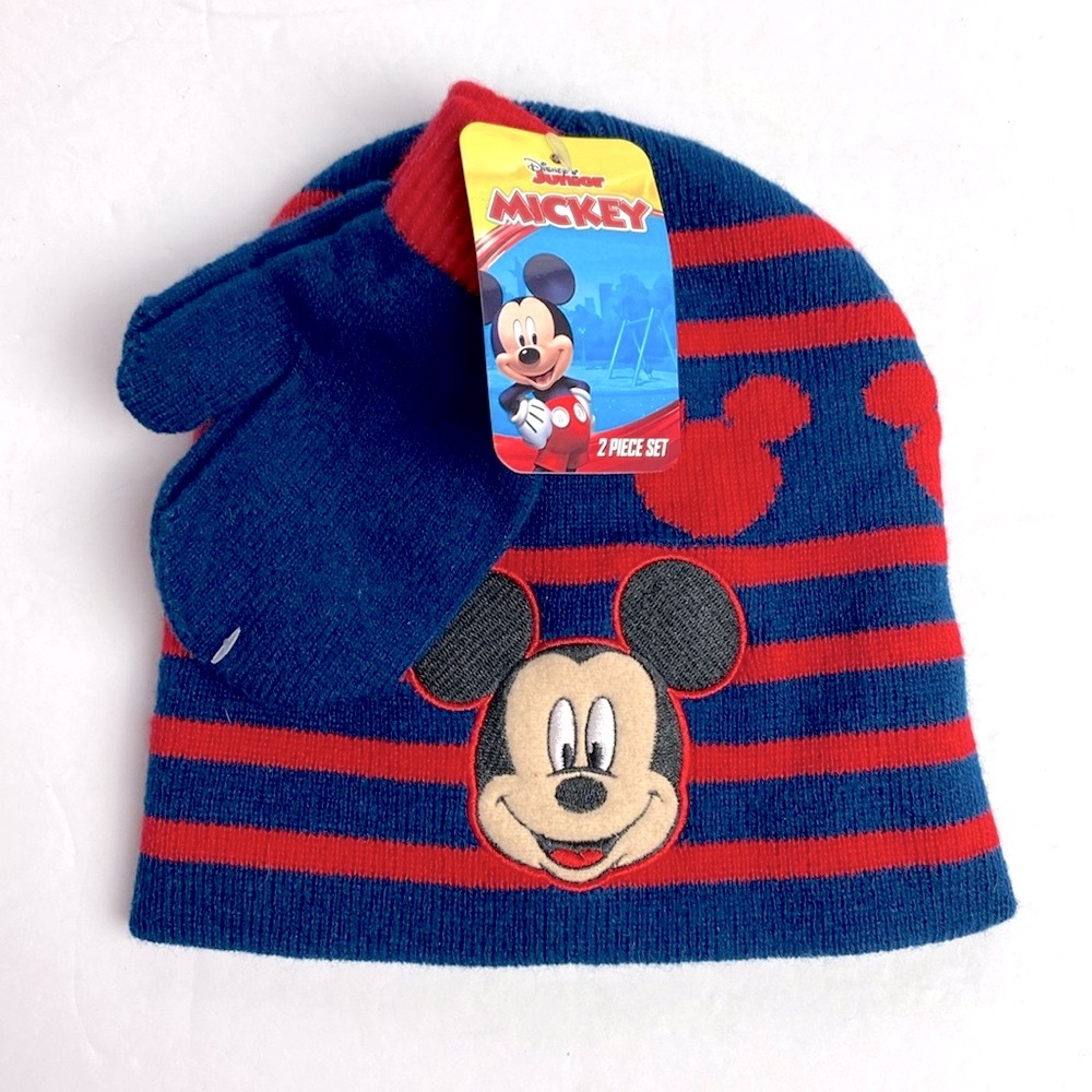 Disney Mickey Mouse Toddler Boys Knit Hat & Mittens Set  Blue or Red One Size